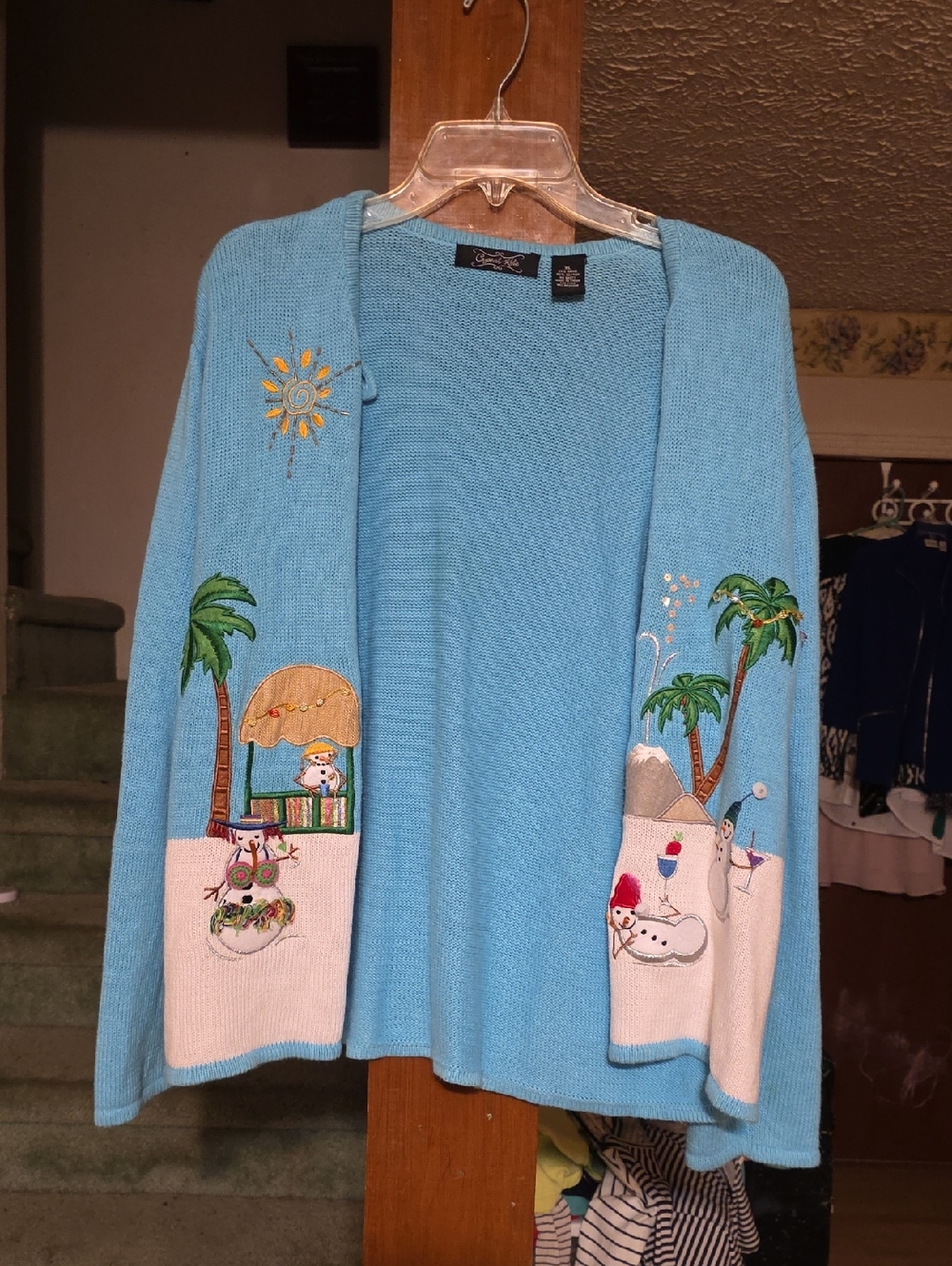 Coastal Embroidered Open-Front Women's Sweater Cardigan - Light Blue